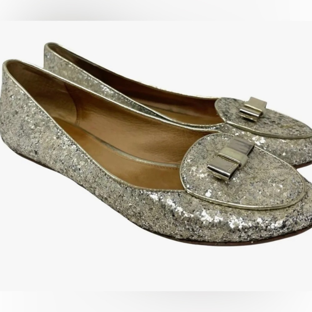 Coach Women's 7.5 Marah Glitter Bow Slip On Loafers Flats Platinum Metallic